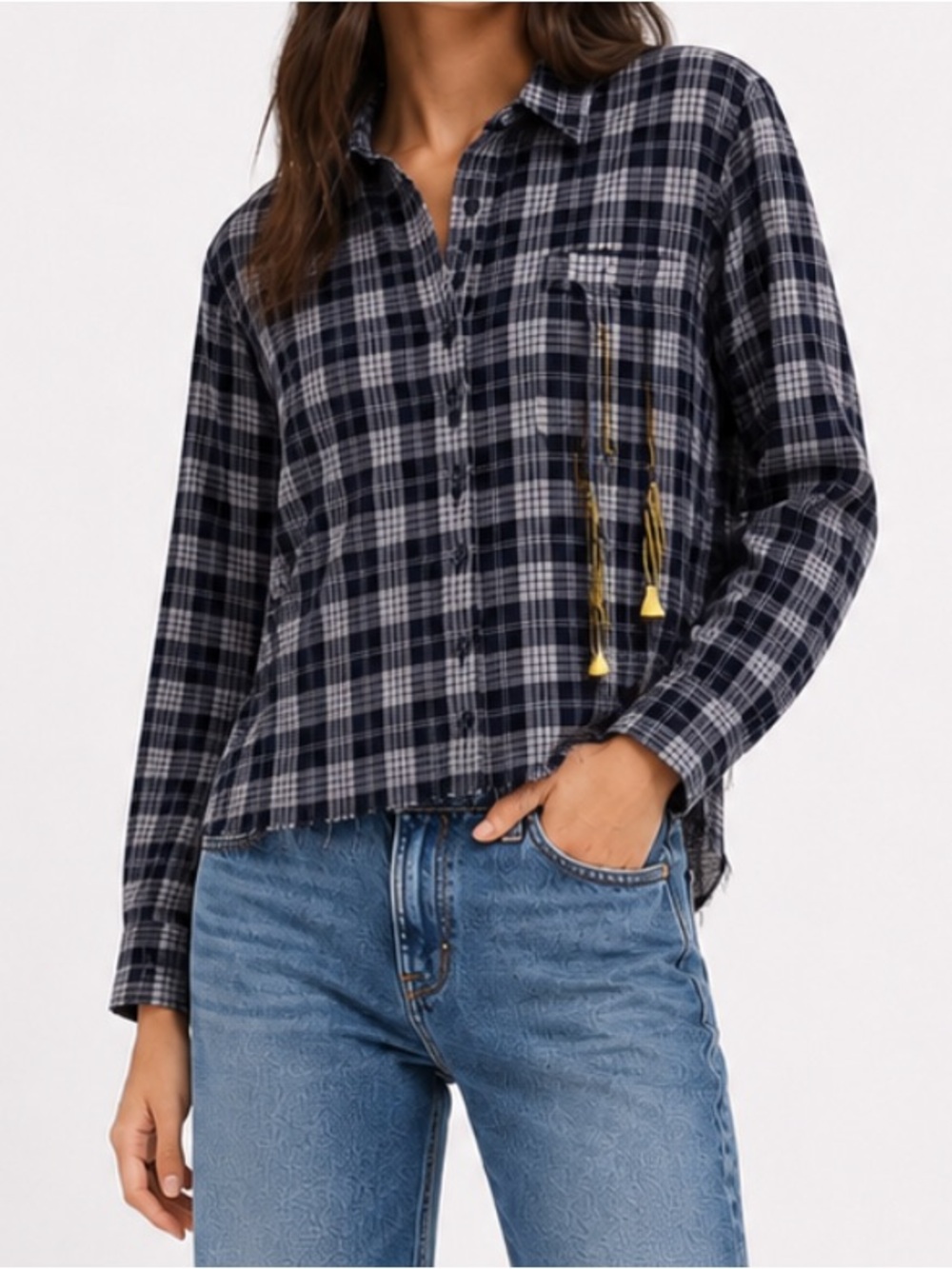 Riley 1880 Vintage Cropped Flannel with Gold Safety Pin Charm Details